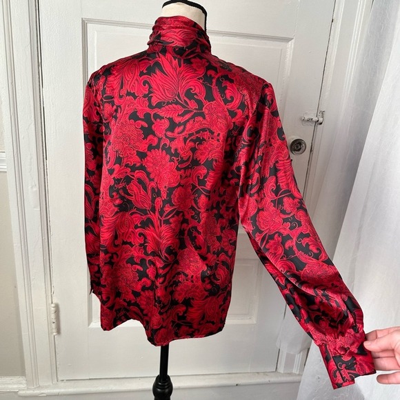 Jennifer Moore Vintage Red Black Baroque Floral Satin Blouse Mock Neck Gothic - Picture 6 of 17